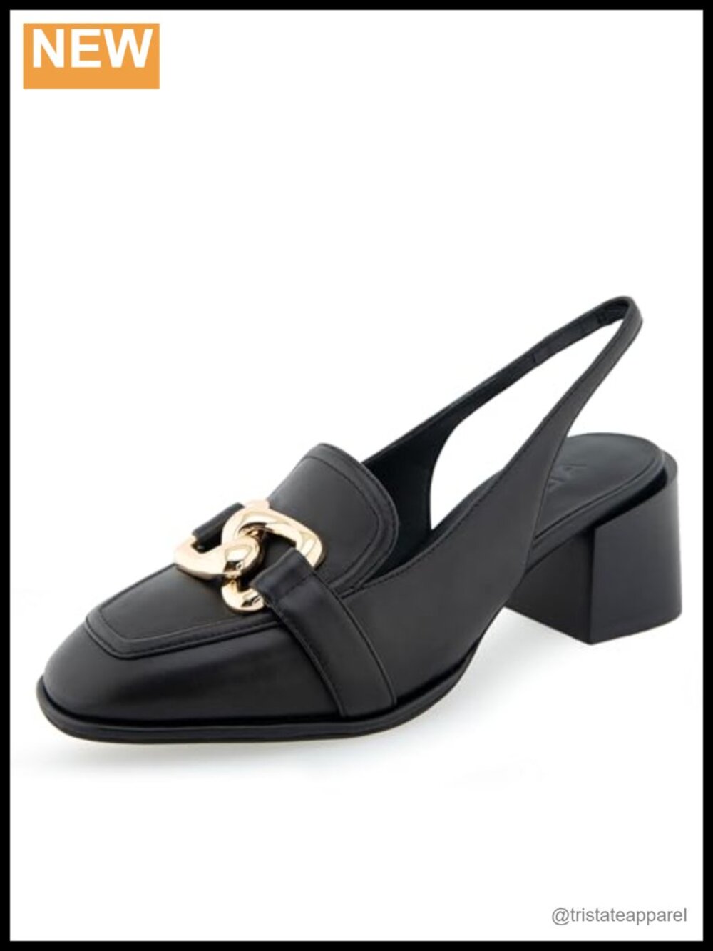 Leather block heel loafers with chain link, cushioned
